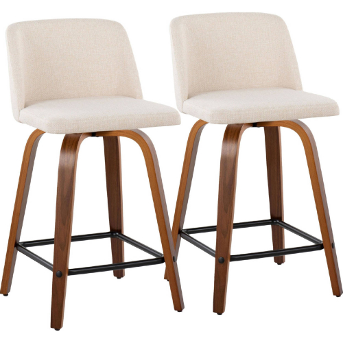 Toriano 24" Swivel Counter Stool in Walnut Wood & Cream Noise Fabric w/ Black Footrest (Set of 2)